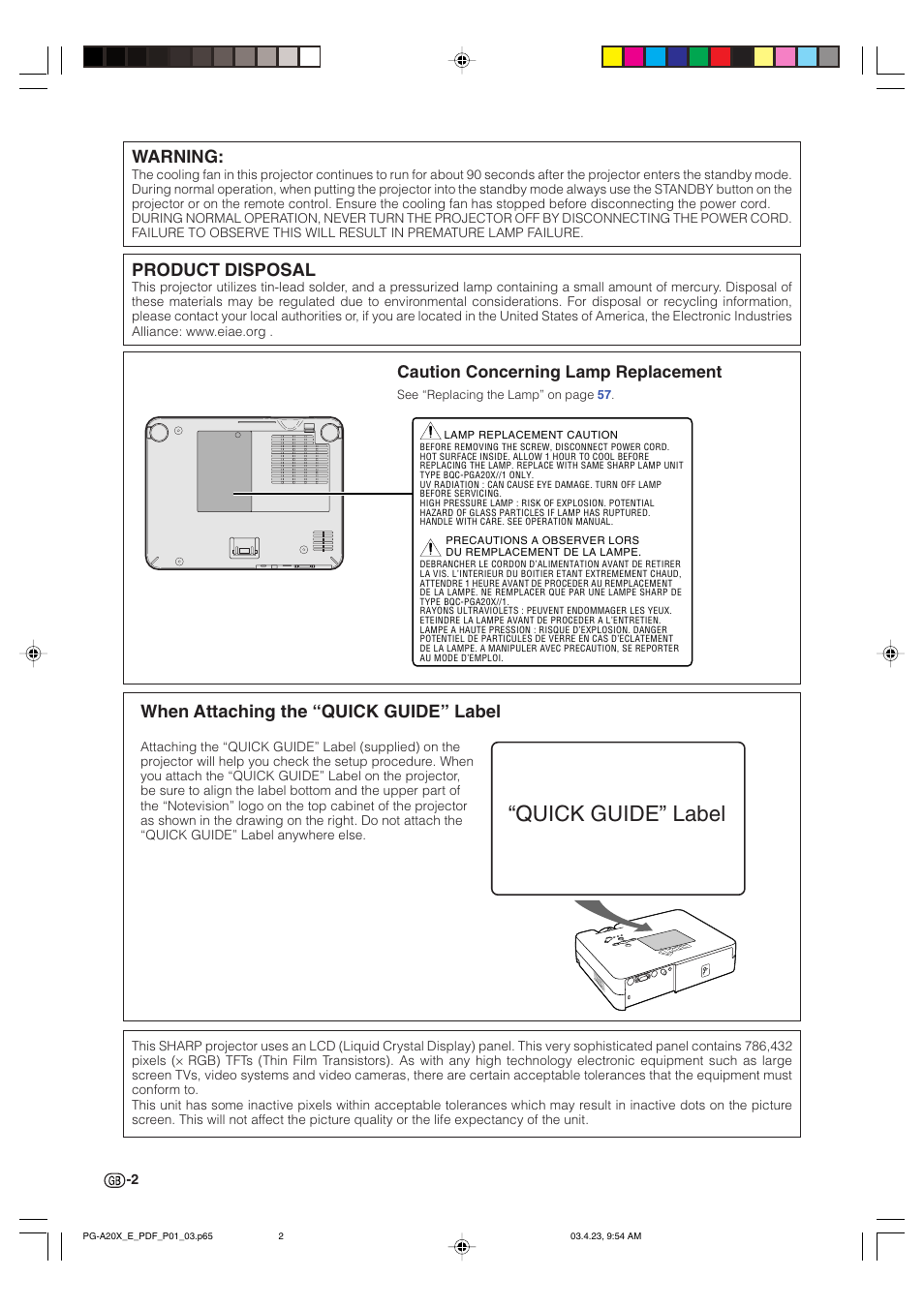 Quick guide” label, Warning, Product disposal | When attaching the “quick guide” label, Caution concerning lamp replacement | Sharp PG-A20X User Manual | Page 6 / 74