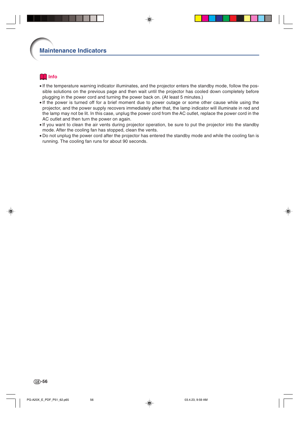 Maintenance indicators | Sharp PG-A20X User Manual | Page 60 / 74
