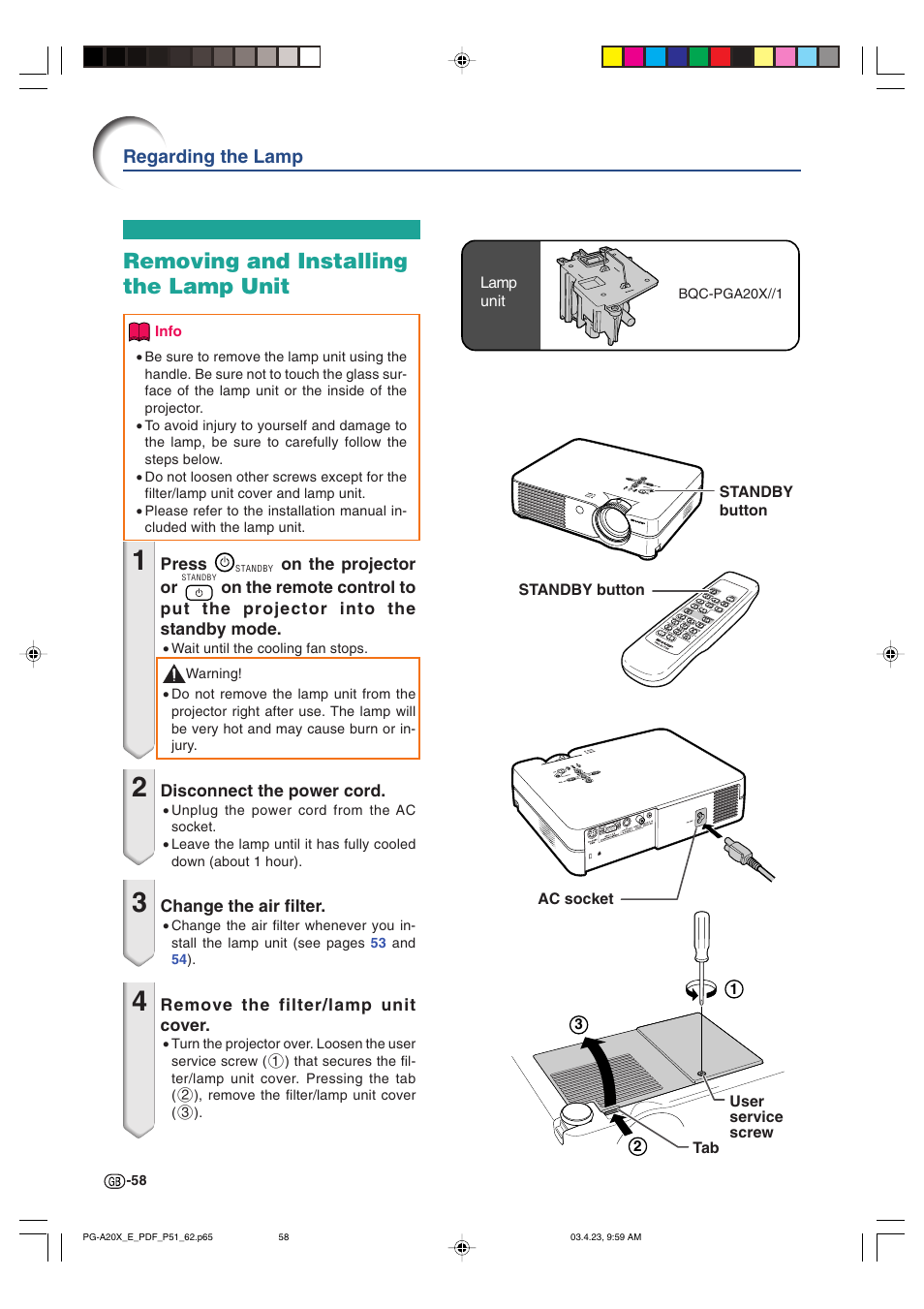 Removing and installing the lamp unit, Regarding the lamp | Sharp PG-A20X User Manual | Page 62 / 74