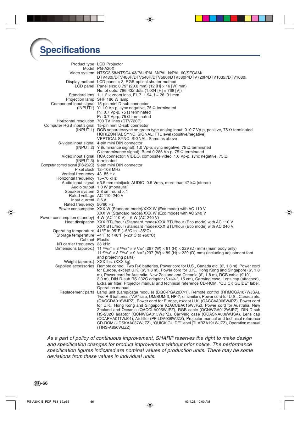 Specifications | Sharp PG-A20X User Manual | Page 70 / 74