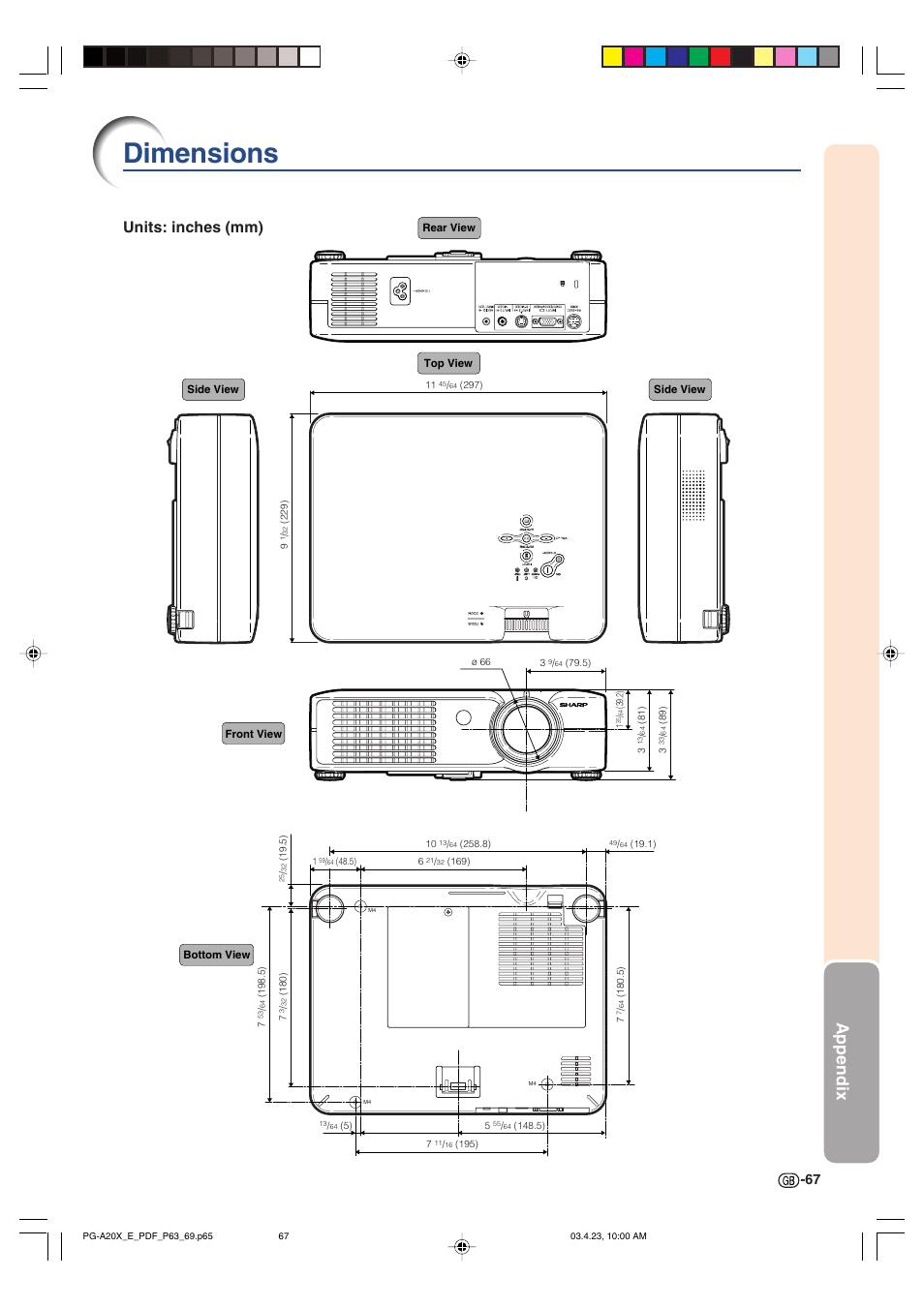 Dimensions, Appendix, Units: inches (mm) | Sharp PG-A20X User Manual | Page 71 / 74