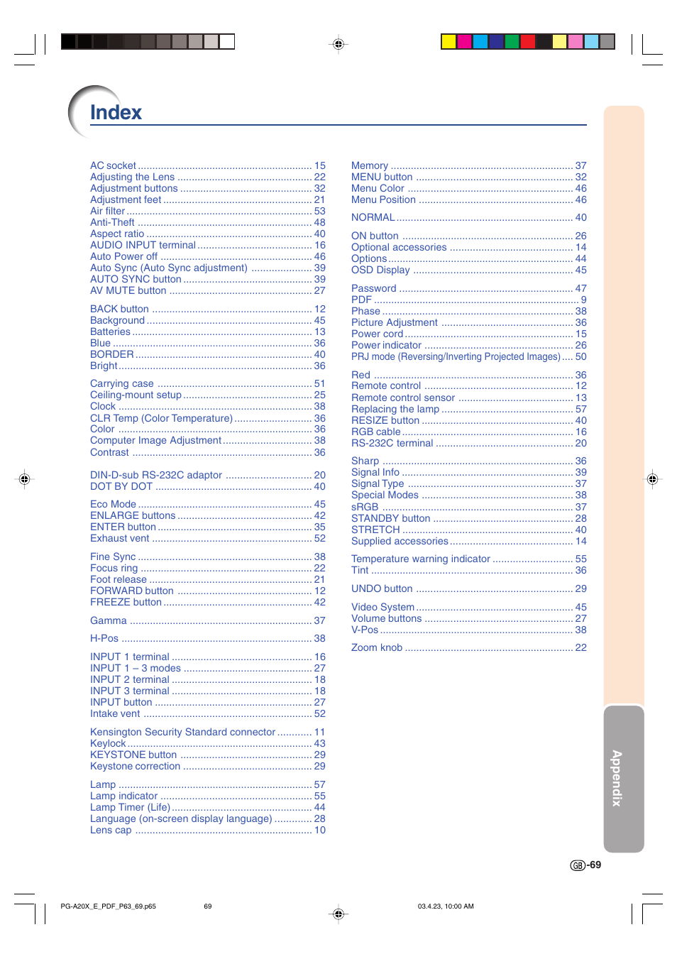Index | Sharp PG-A20X User Manual | Page 73 / 74