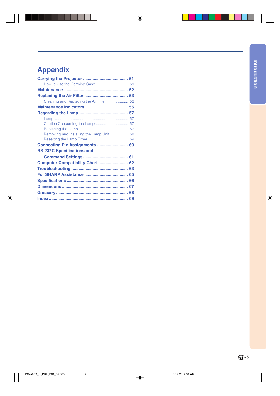 Appendix | Sharp PG-A20X User Manual | Page 9 / 74