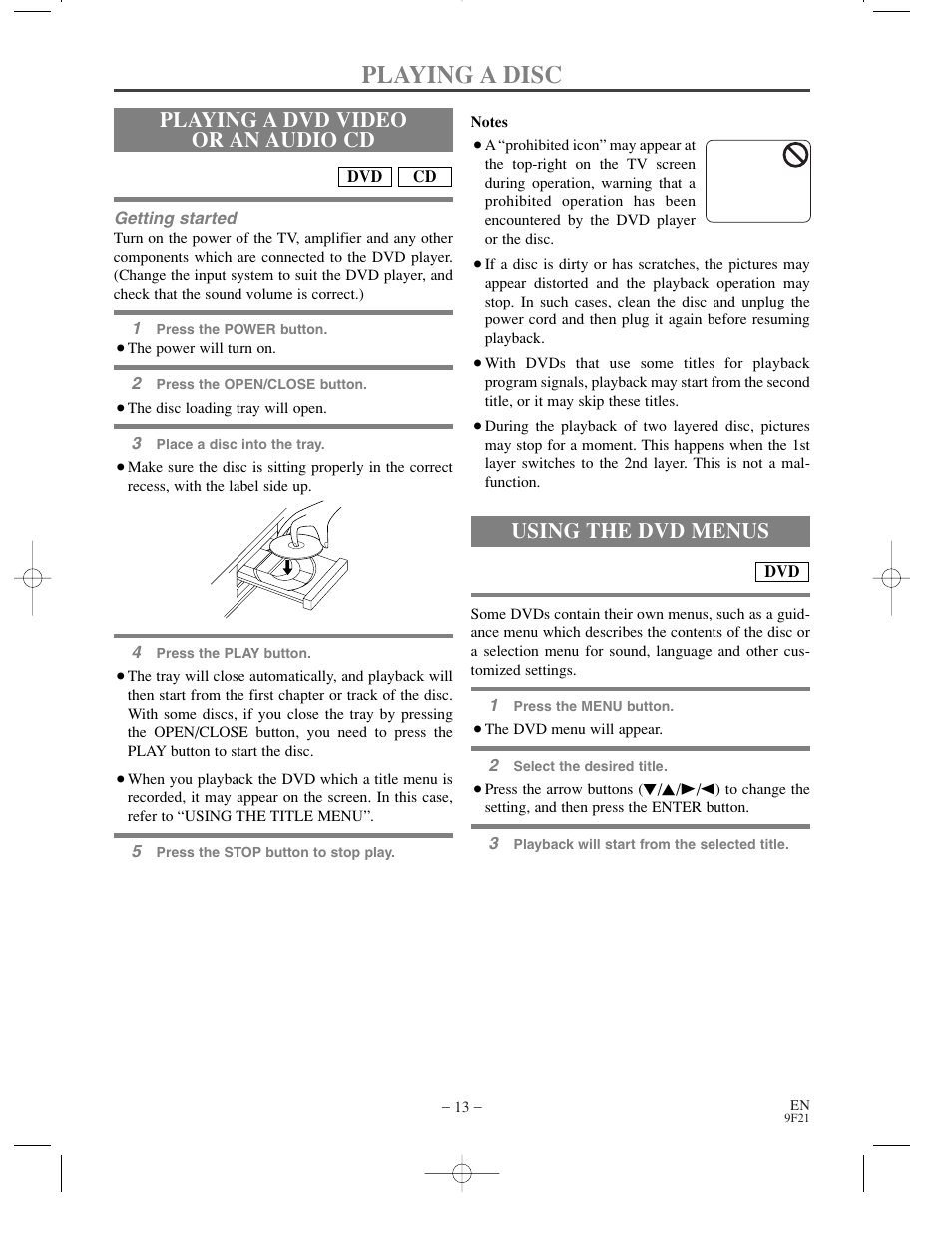 Playing a disc, Playing a dvd video or an audio cd, Using the dvd menus | Sharp DV-S1U User Manual | Page 13 / 40