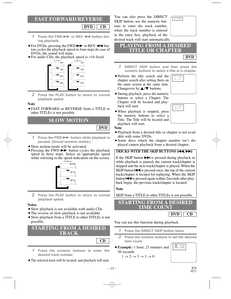 Fast forward/reverse, Slow motion, Starting from a desired track | Cd dvd | Sharp DV-S1U User Manual | Page 15 / 40