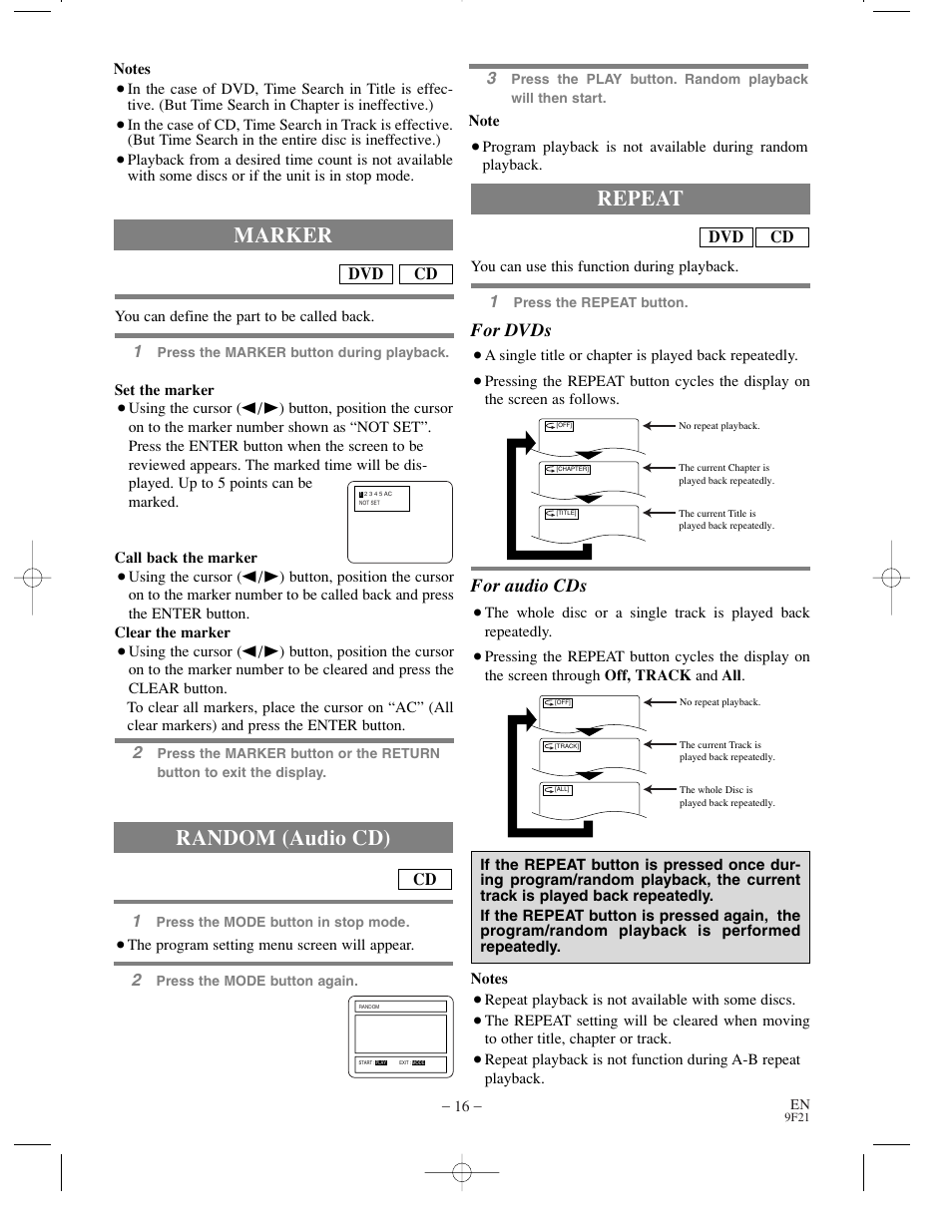 Random (audio cd), Repeat, Marker | For dvds, For audio cds, Cd dvd | Sharp DV-S1U User Manual | Page 16 / 40