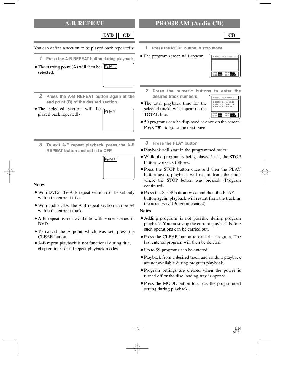 A-b repeat program (audio cd), Cd dvd | Sharp DV-S1U User Manual | Page 17 / 40