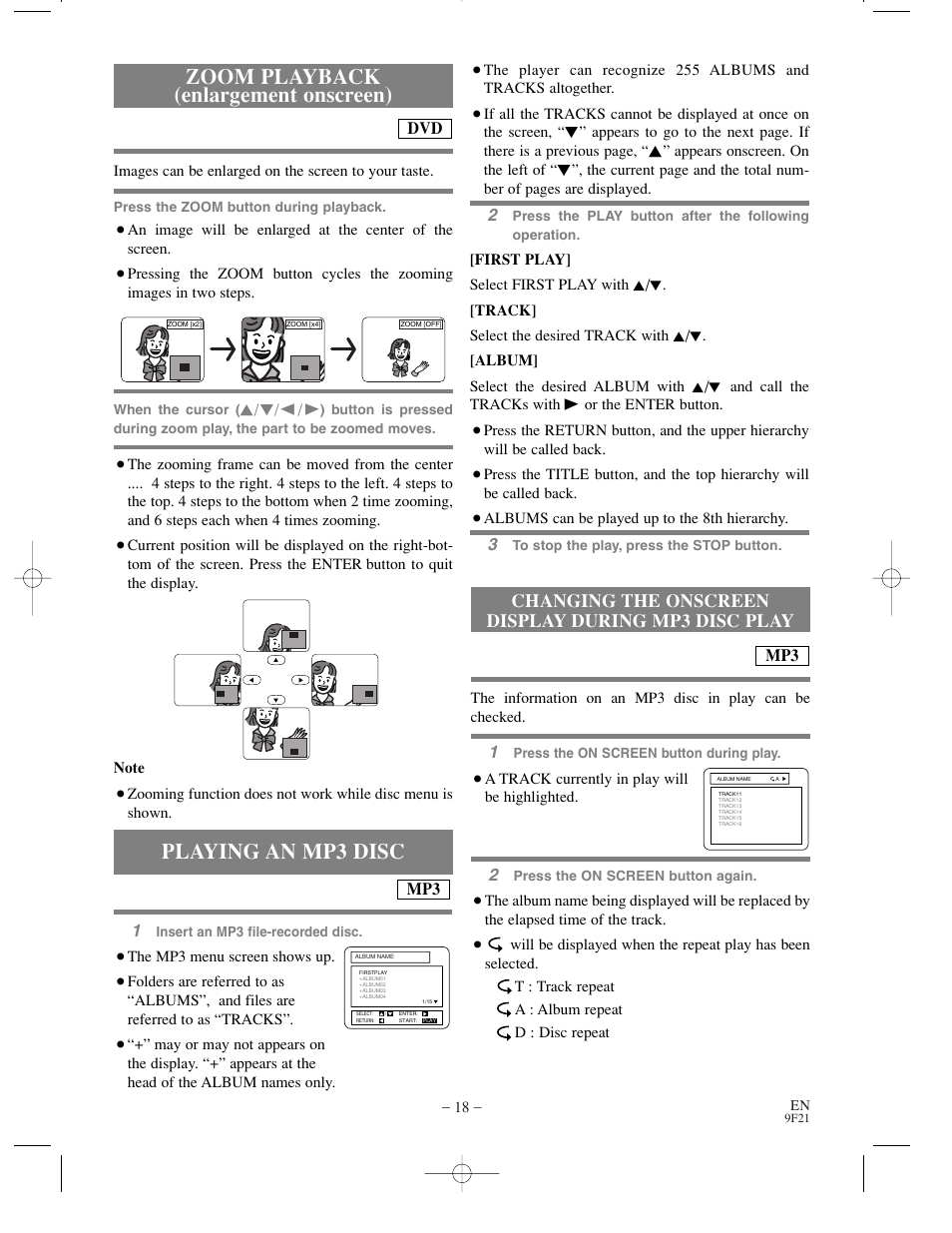 Zoom playback (enlargement onscreen), Playing an mp3 disc, Changing the onscreen display during mp3 disc play | Sharp DV-S1U User Manual | Page 18 / 40