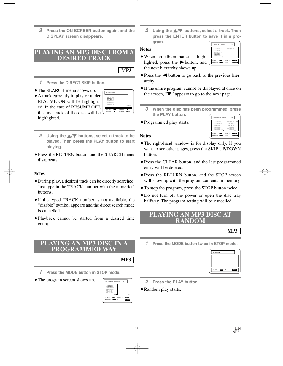 Playing an mp3 disc at random, Random play starts, The search menu shows up | Appears to go to the next page, The program screen shows up | Sharp DV-S1U User Manual | Page 19 / 40