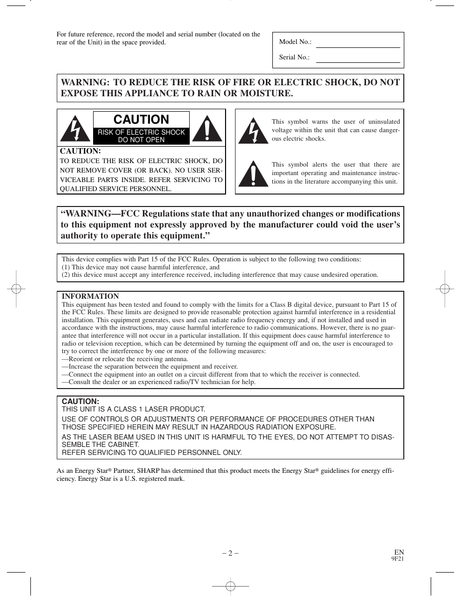 Caution | Sharp DV-S1U User Manual | Page 2 / 40