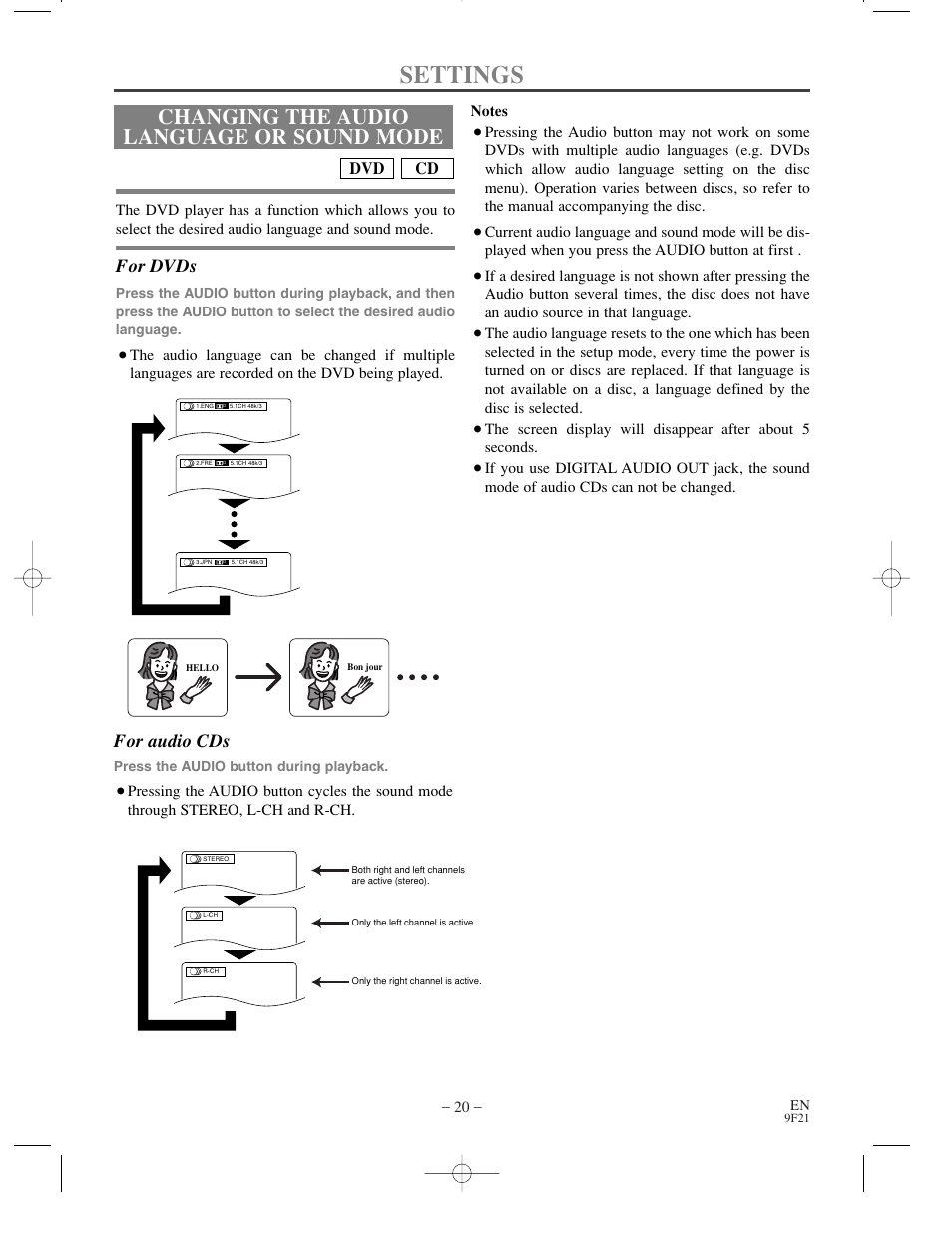 Settings, Changing the audio language or sound mode, For dvds | For audio cds, Cd dvd | Sharp DV-S1U User Manual | Page 20 / 40