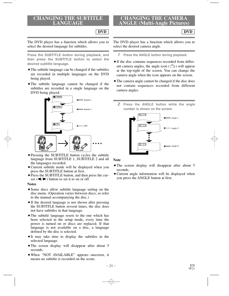 Changing the subtitle language, Changing the camera angle (multi-angle pictures) | Sharp DV-S1U User Manual | Page 21 / 40