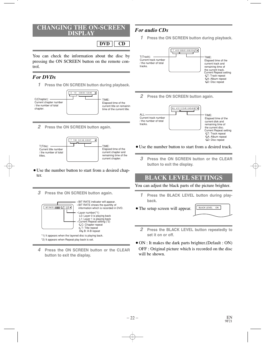 Changing the on-screen display, Black level settings, For dvds | For audio cds, Cd dvd 2 | Sharp DV-S1U User Manual | Page 22 / 40