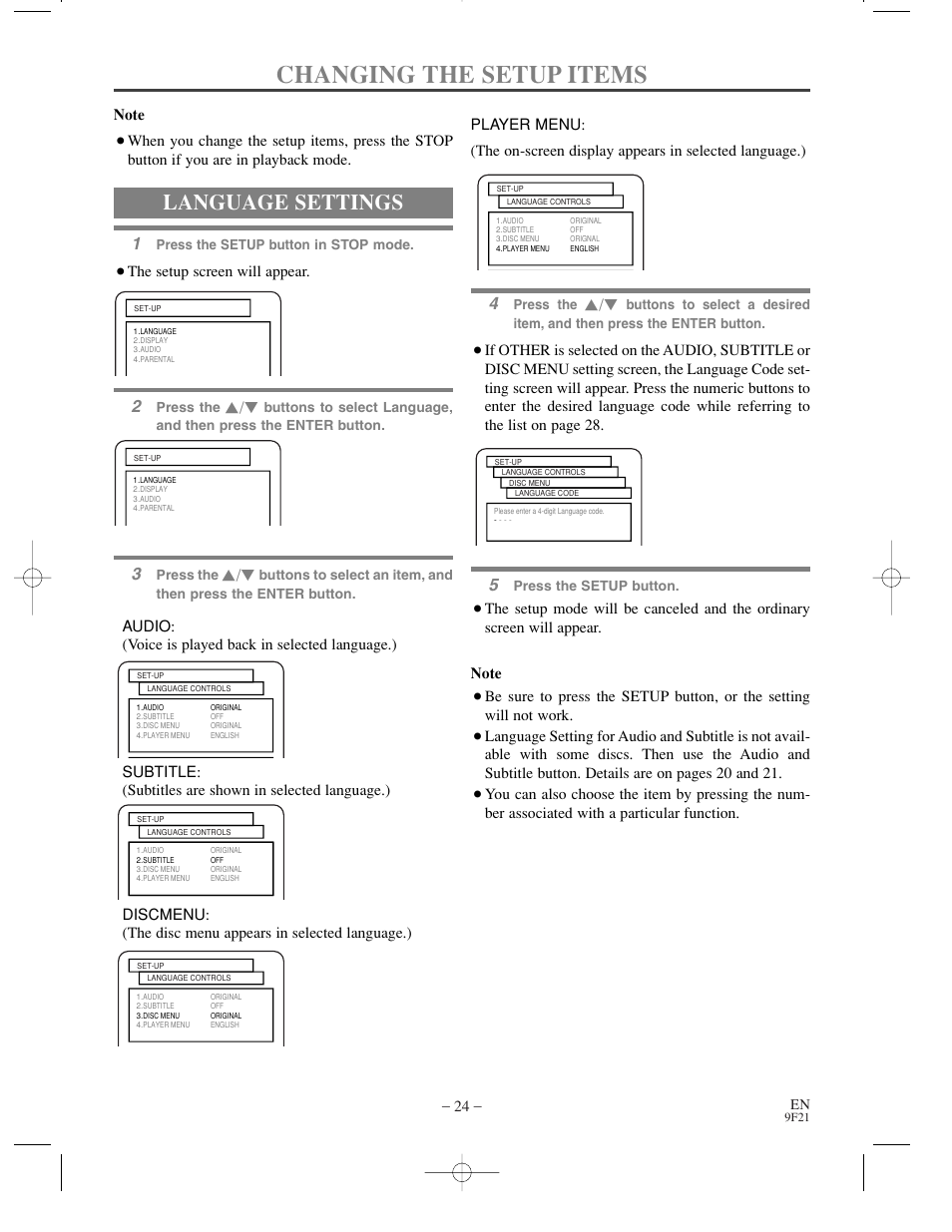 Changing the setup items, Language settings | Sharp DV-S1U User Manual | Page 24 / 40