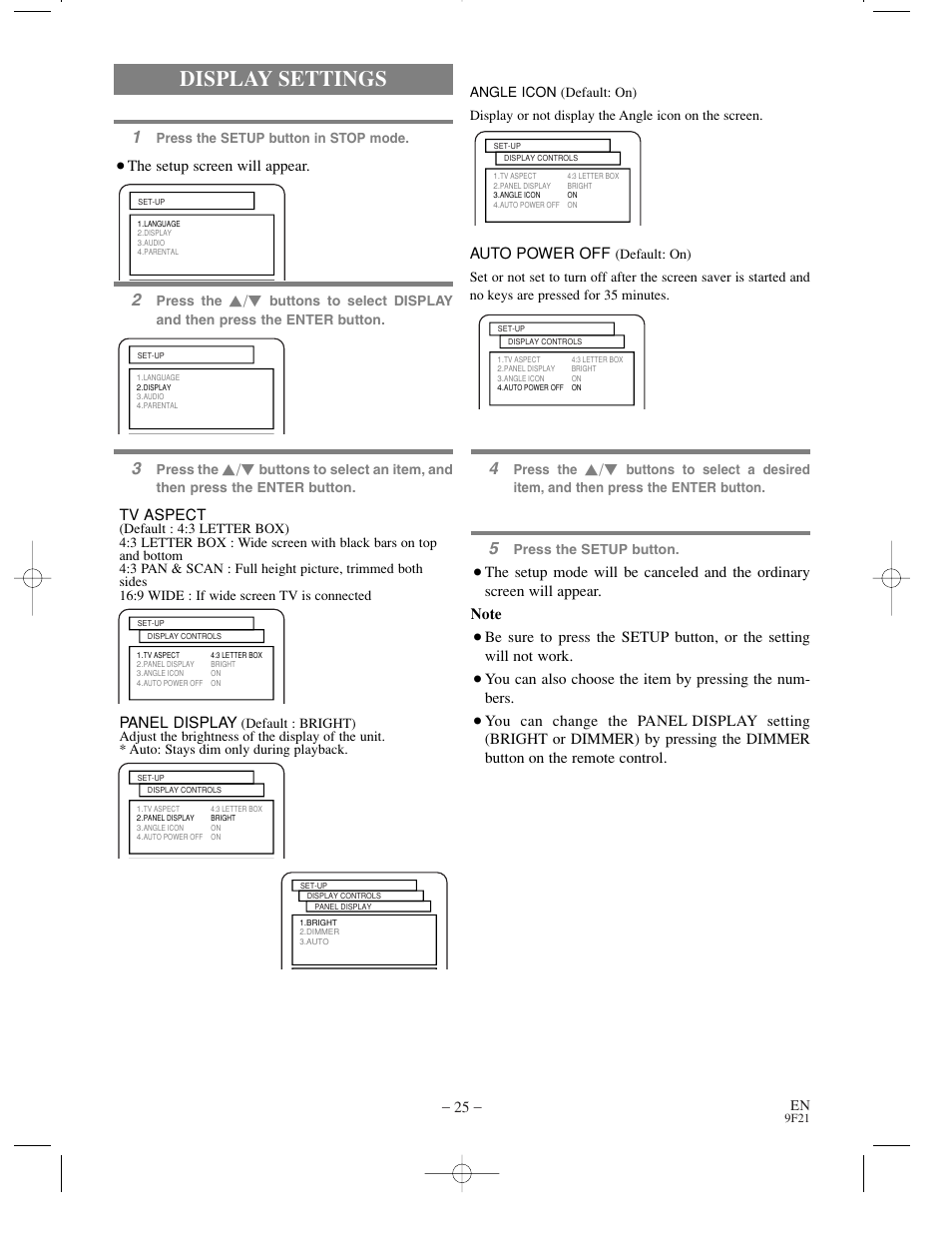 Display settings, The setup screen will appear, Auto power off | Tv aspect, Panel display | Sharp DV-S1U User Manual | Page 25 / 40