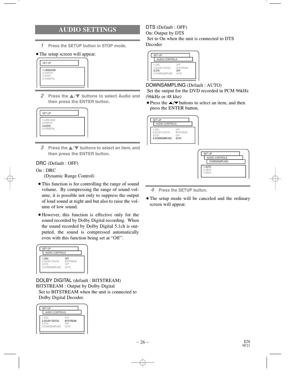 Audio settings, The setup screen will appear | Sharp DV-S1U User Manual | Page 26 / 40