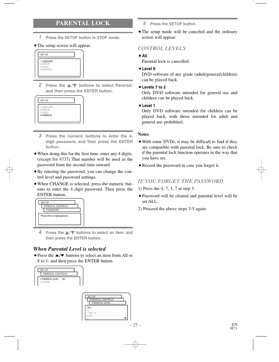 Parental lock, Control levels, If you forget the password | When parental level is selected | Sharp DV-S1U User Manual | Page 27 / 40