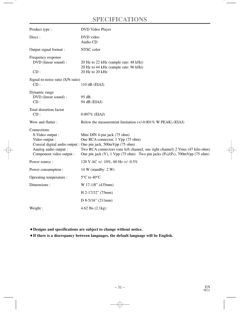 Specifications | Sharp DV-S1U User Manual | Page 31 / 40