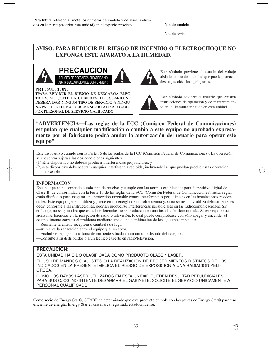 Precaucion | Sharp DV-S1U User Manual | Page 33 / 40