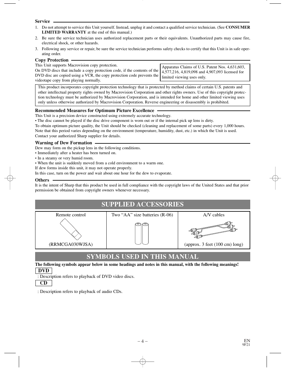 Symbols used in this manual, Supplied accessories | Sharp DV-S1U User Manual | Page 4 / 40