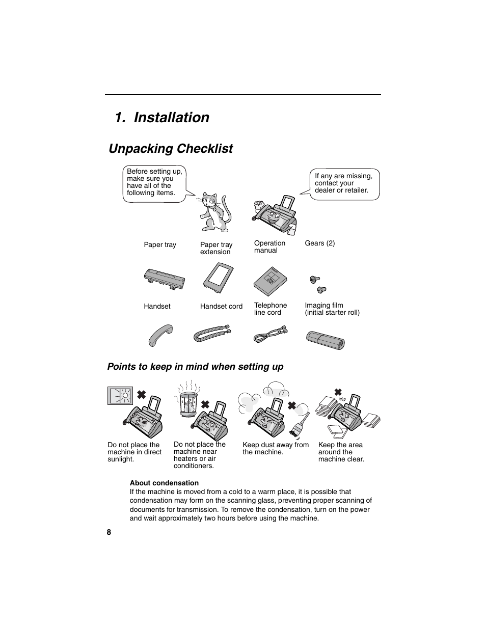 Installation, Unpacking checklist | Sharp UX-P115 User Manual | Page 10 / 84