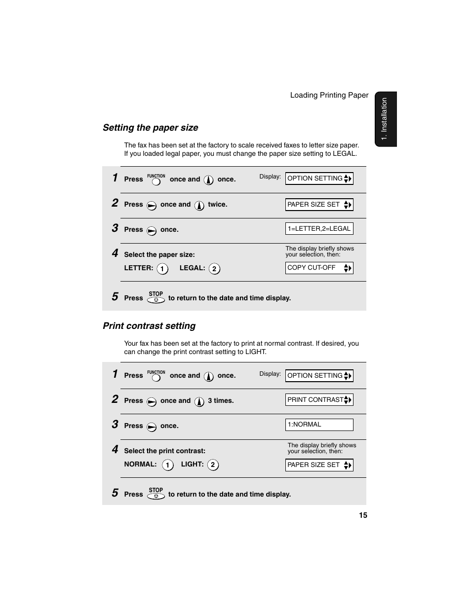 Print contrast setting, Setting the paper size | Sharp UX-P115 User Manual | Page 17 / 84