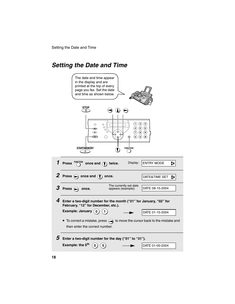 Setting the date and time | Sharp UX-P115 User Manual | Page 20 / 84