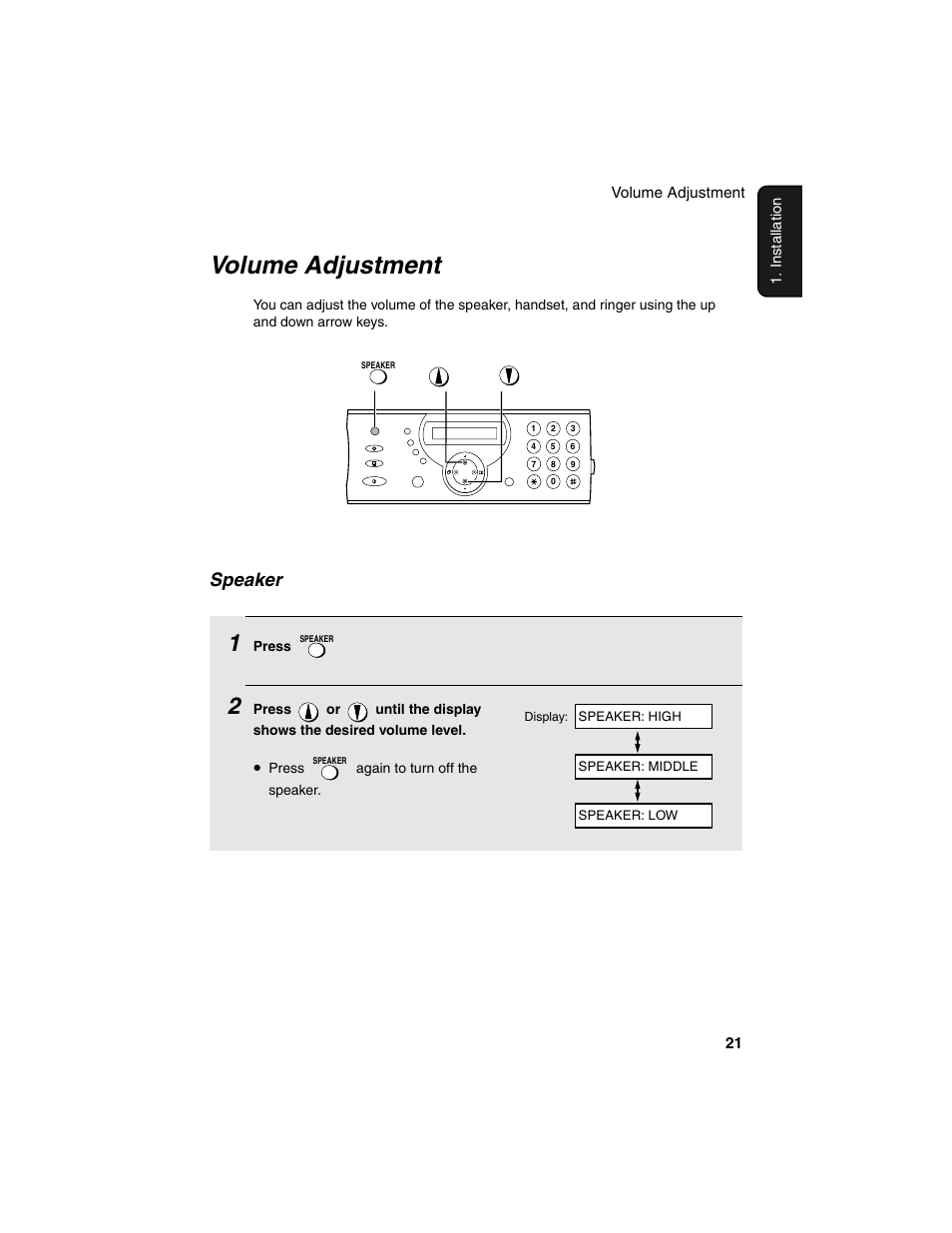 Volume adjustment, Speaker | Sharp UX-P115 User Manual | Page 23 / 84