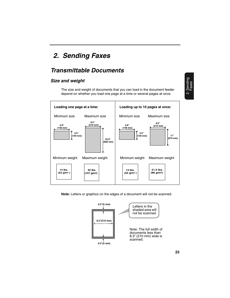 Sending faxes, Transmittable documents, Size and weight | Sharp UX-P115 User Manual | Page 25 / 84