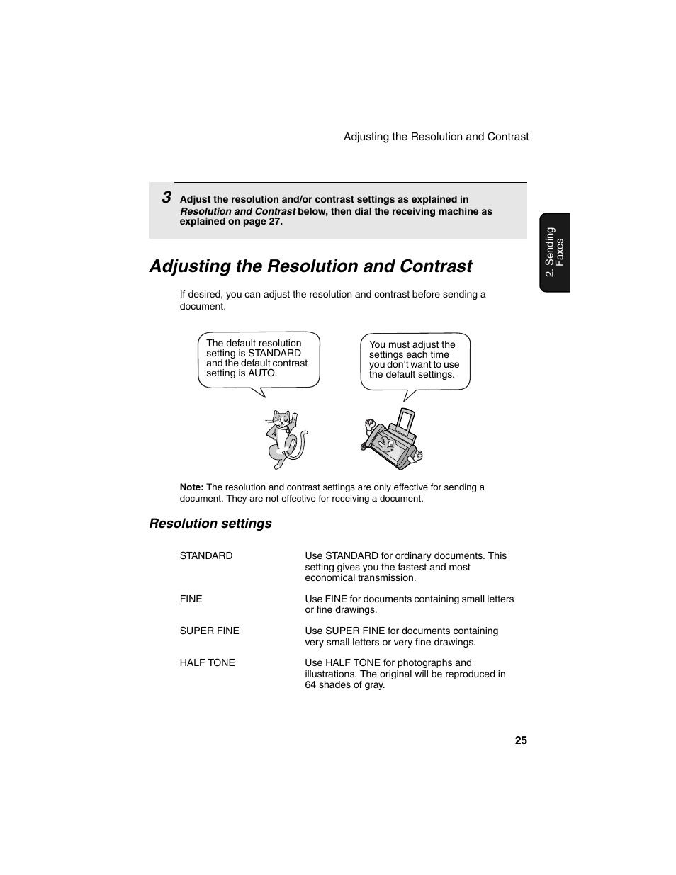 Adjusting the resolution and contrast, Resolution settings | Sharp UX-P115 User Manual | Page 27 / 84