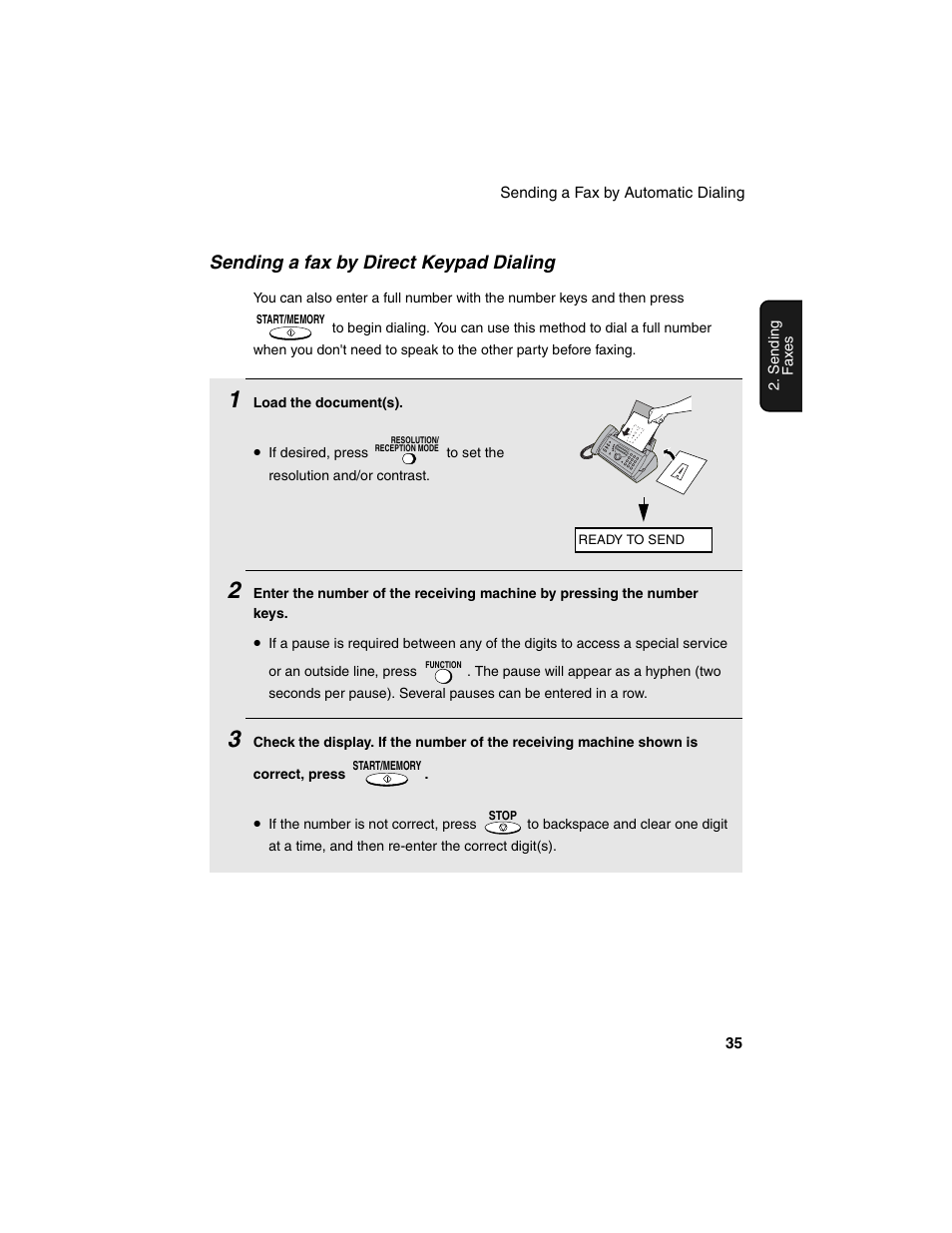 Sending a fax by direct keypad dialing | Sharp UX-P115 User Manual | Page 37 / 84