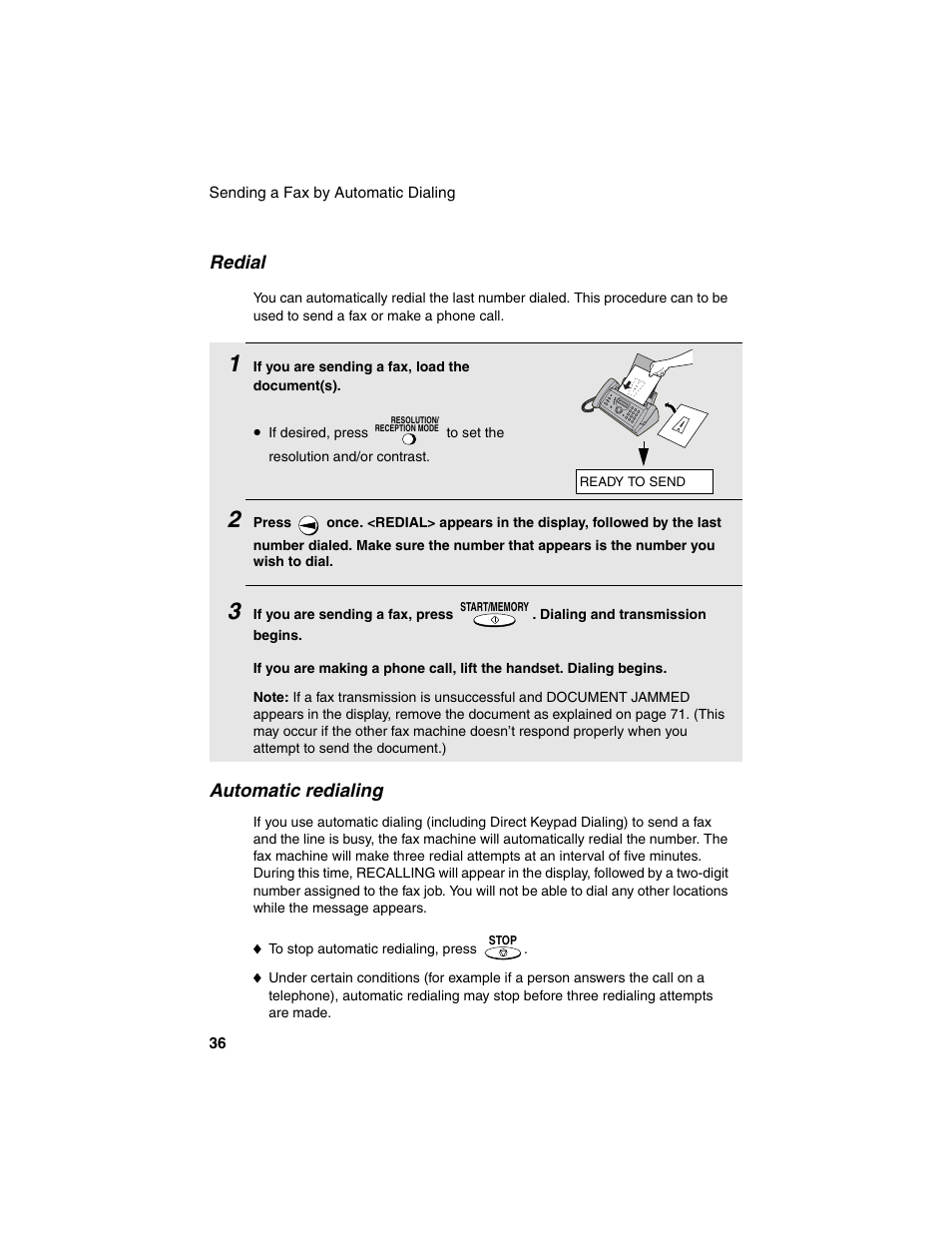 Redial, Automatic redialing | Sharp UX-P115 User Manual | Page 38 / 84