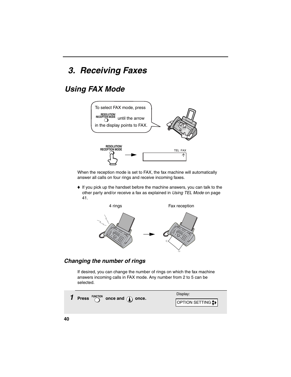 Receiving faxes, Using fax mode, Changing the number of rings | Sharp UX-P115 User Manual | Page 42 / 84