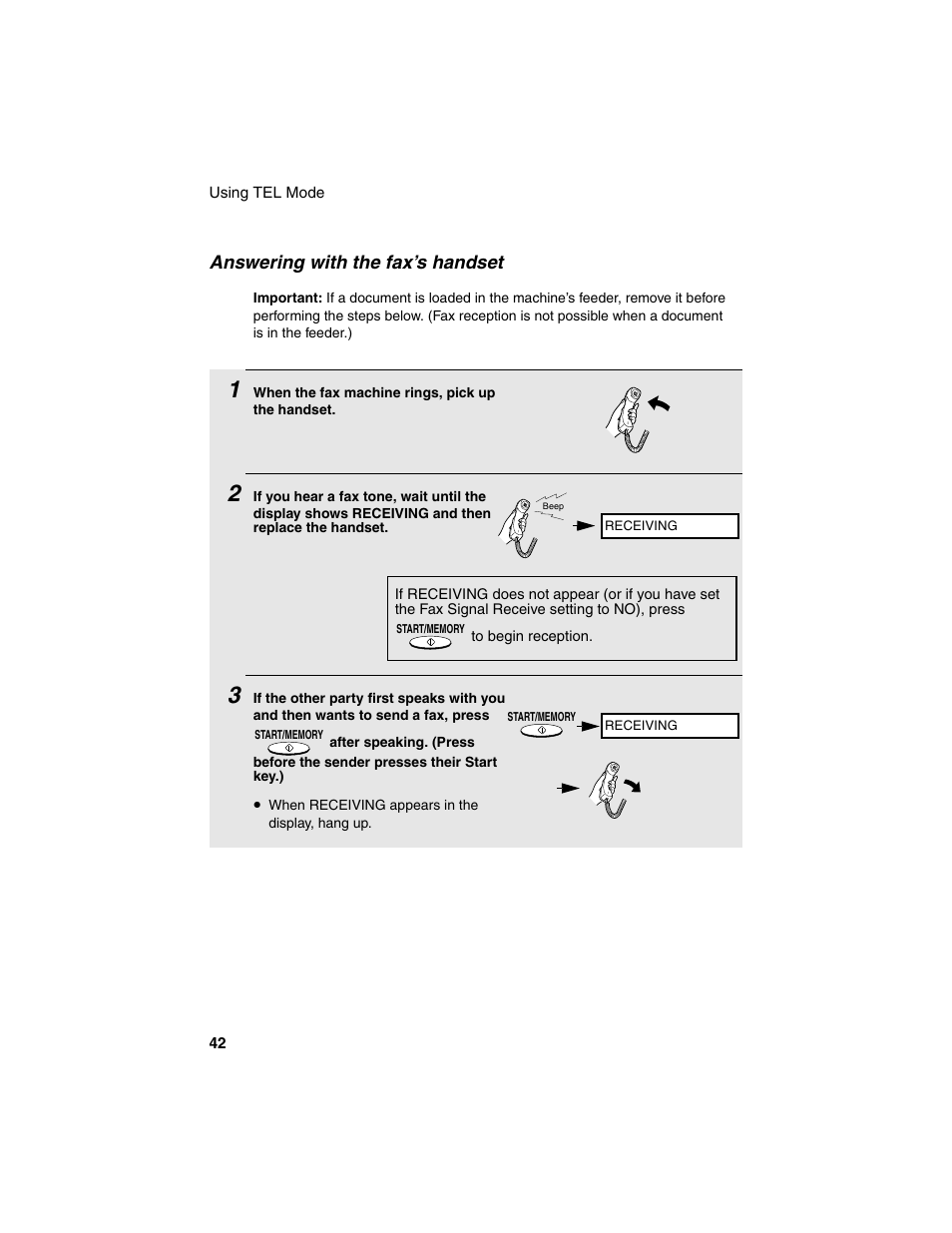 Answering with the fax’s handset | Sharp UX-P115 User Manual | Page 44 / 84