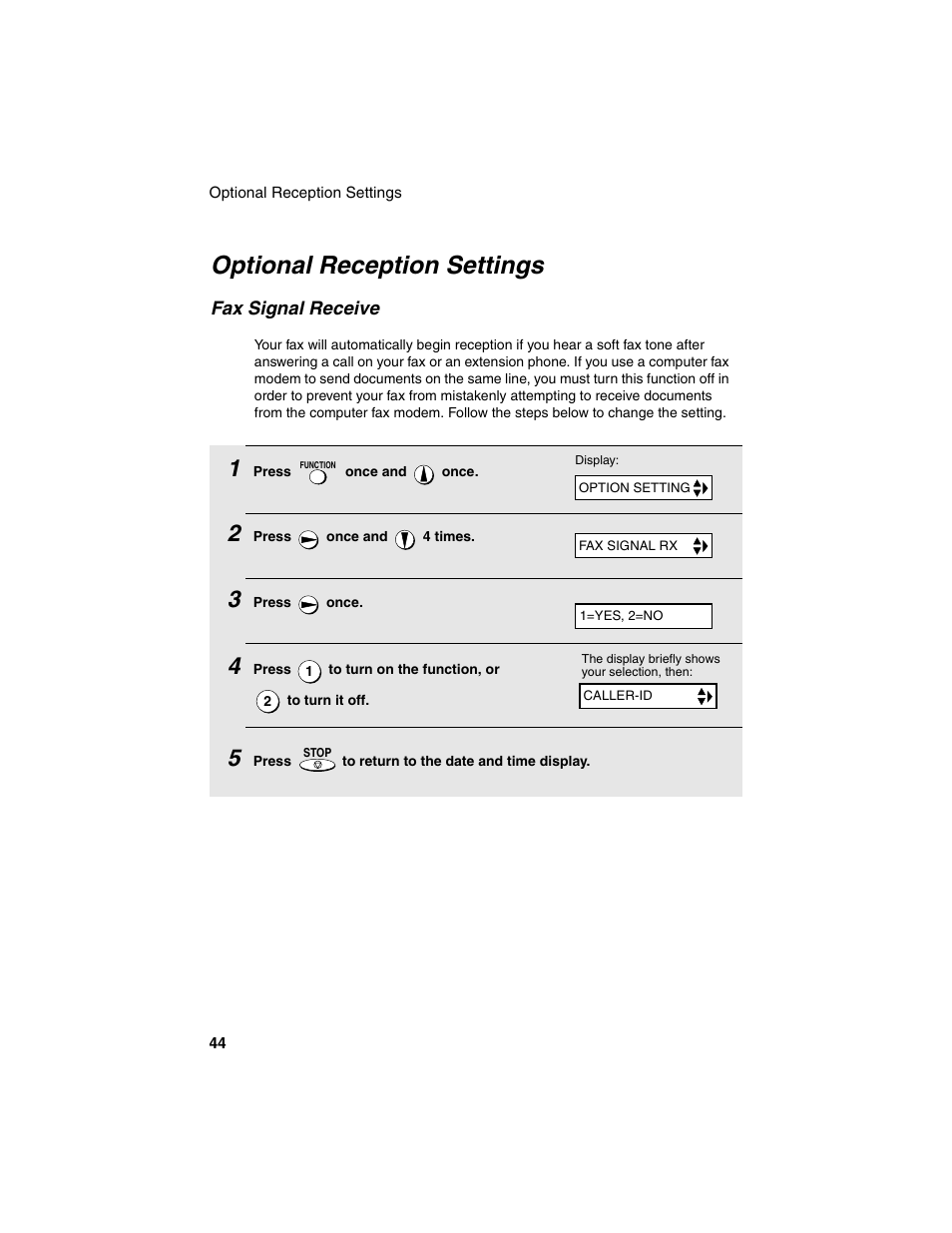 Optional reception settings, Fax signal receive | Sharp UX-P115 User Manual | Page 46 / 84