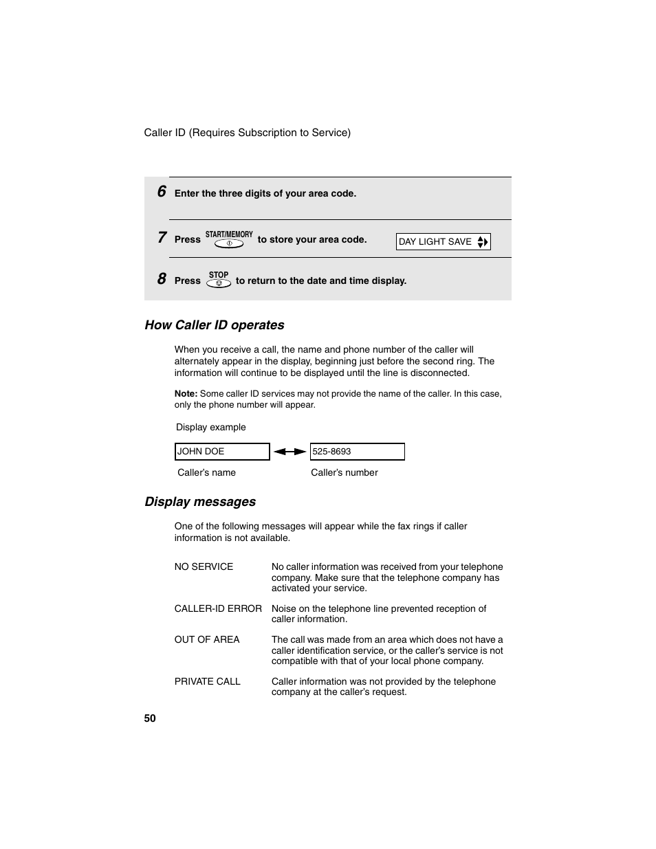 How caller id operates, Display messages | Sharp UX-P115 User Manual | Page 52 / 84