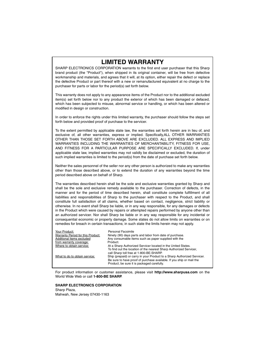 Limited warranty | Sharp UX-P115 User Manual | Page 83 / 84