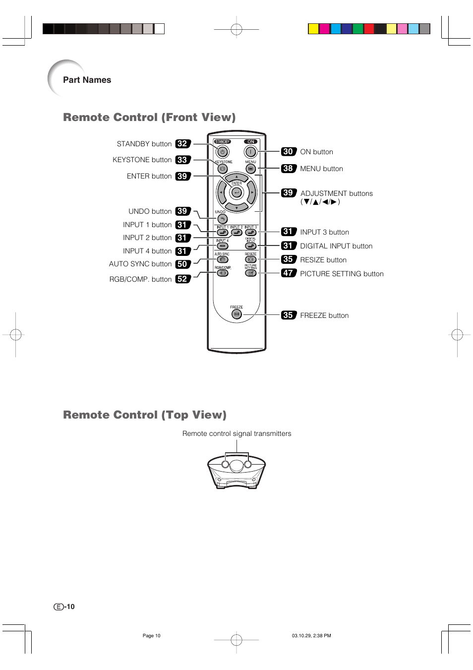 Remote control (front view), Remote control (top view) | Sharp DT-300 User Manual | Page 11 / 72