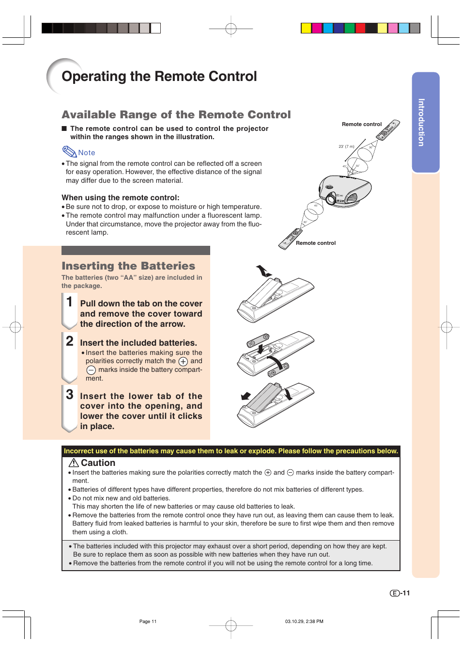 Operating the remote control, Available range of the remote control, Inserting the batteries | Caution | Sharp DT-300 User Manual | Page 12 / 72
