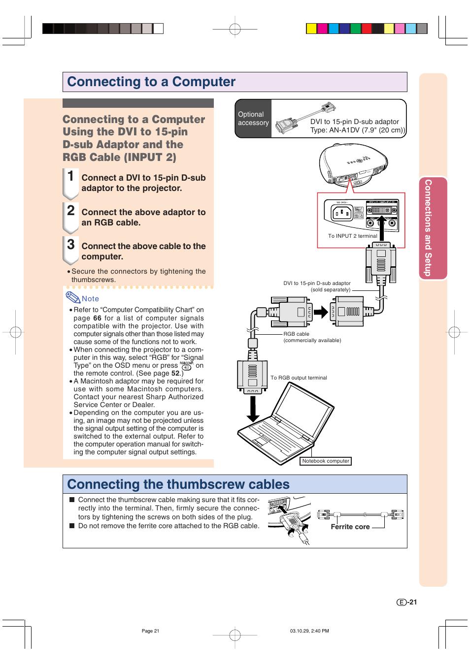 Connecting to a computer, Connecting the thumbscrew cables | Sharp DT-300 User Manual | Page 22 / 72