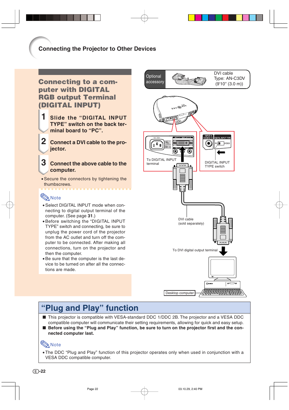 Plug and play” function, Connecting the projector to other devices | Sharp DT-300 User Manual | Page 23 / 72
