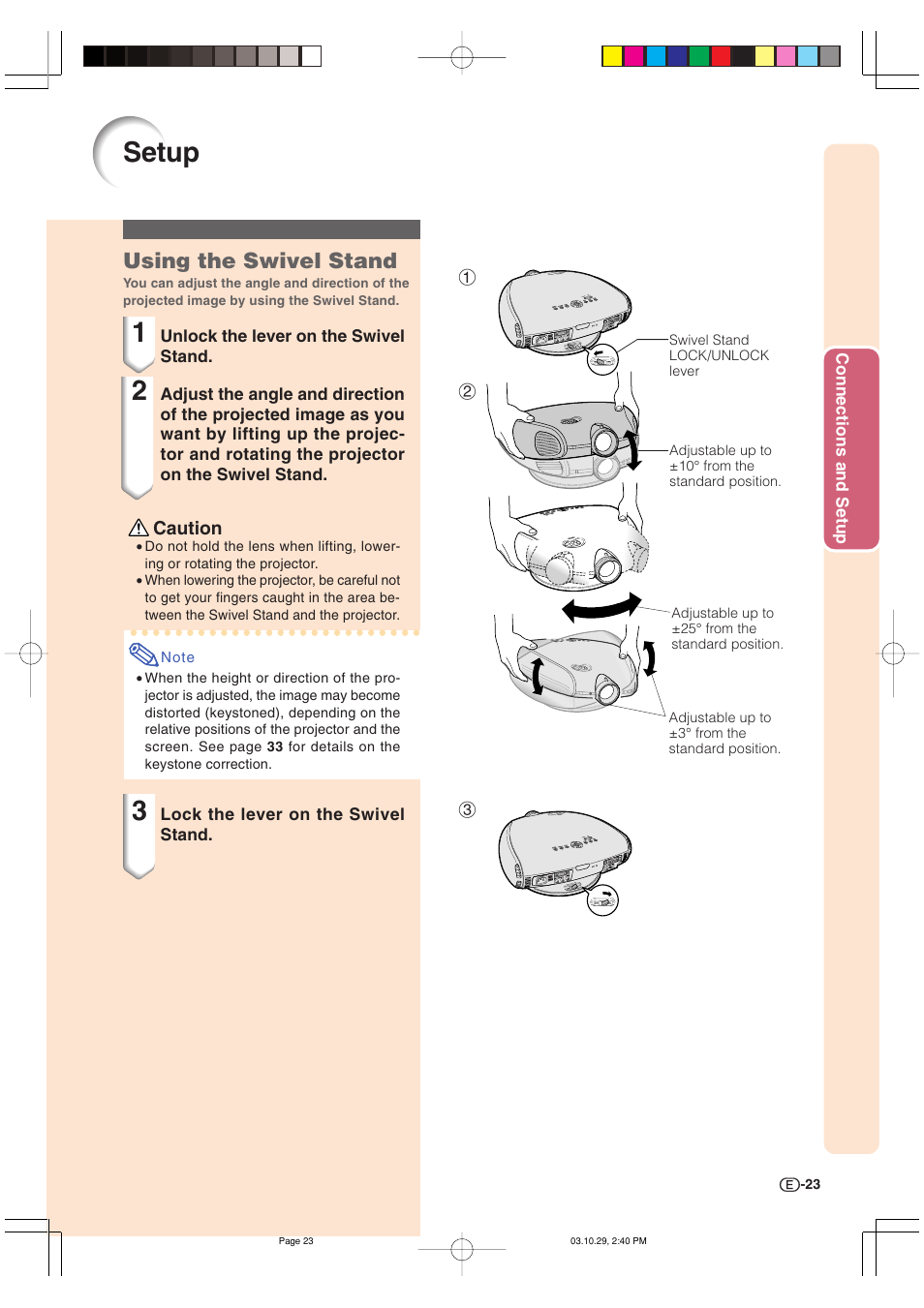 Setup, Using the swivel stand | Sharp DT-300 User Manual | Page 24 / 72