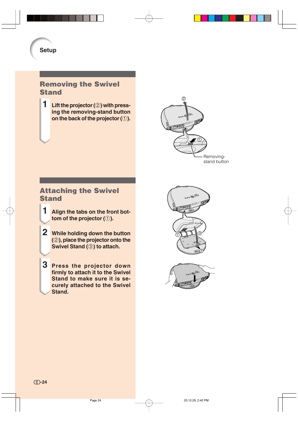 Removing the swivel stand, Attaching the swivel stand | Sharp DT-300 User Manual | Page 25 / 72