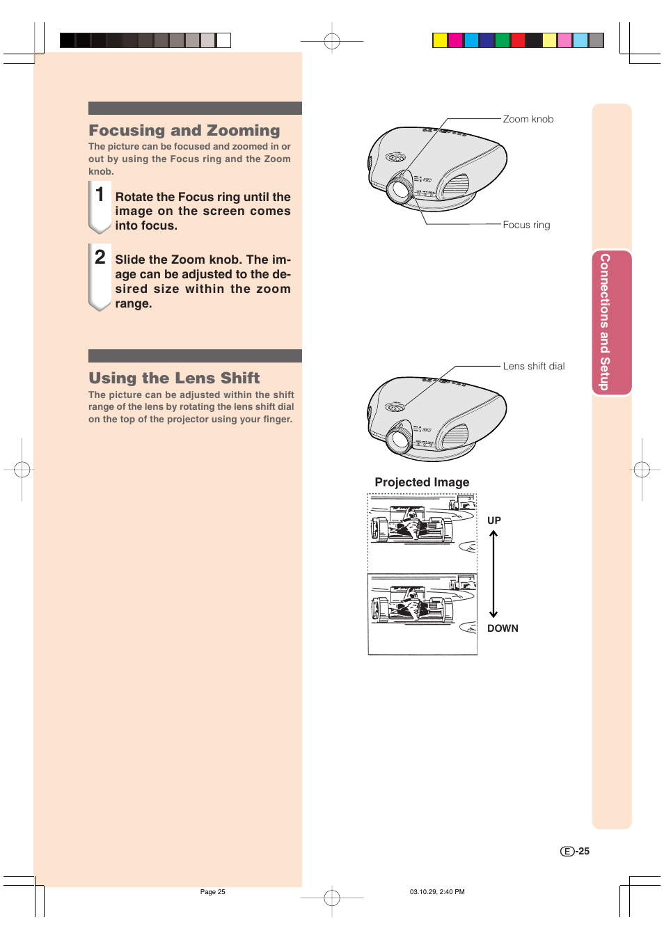 Focusing and zooming, Using the lens shift | Sharp DT-300 User Manual | Page 26 / 72