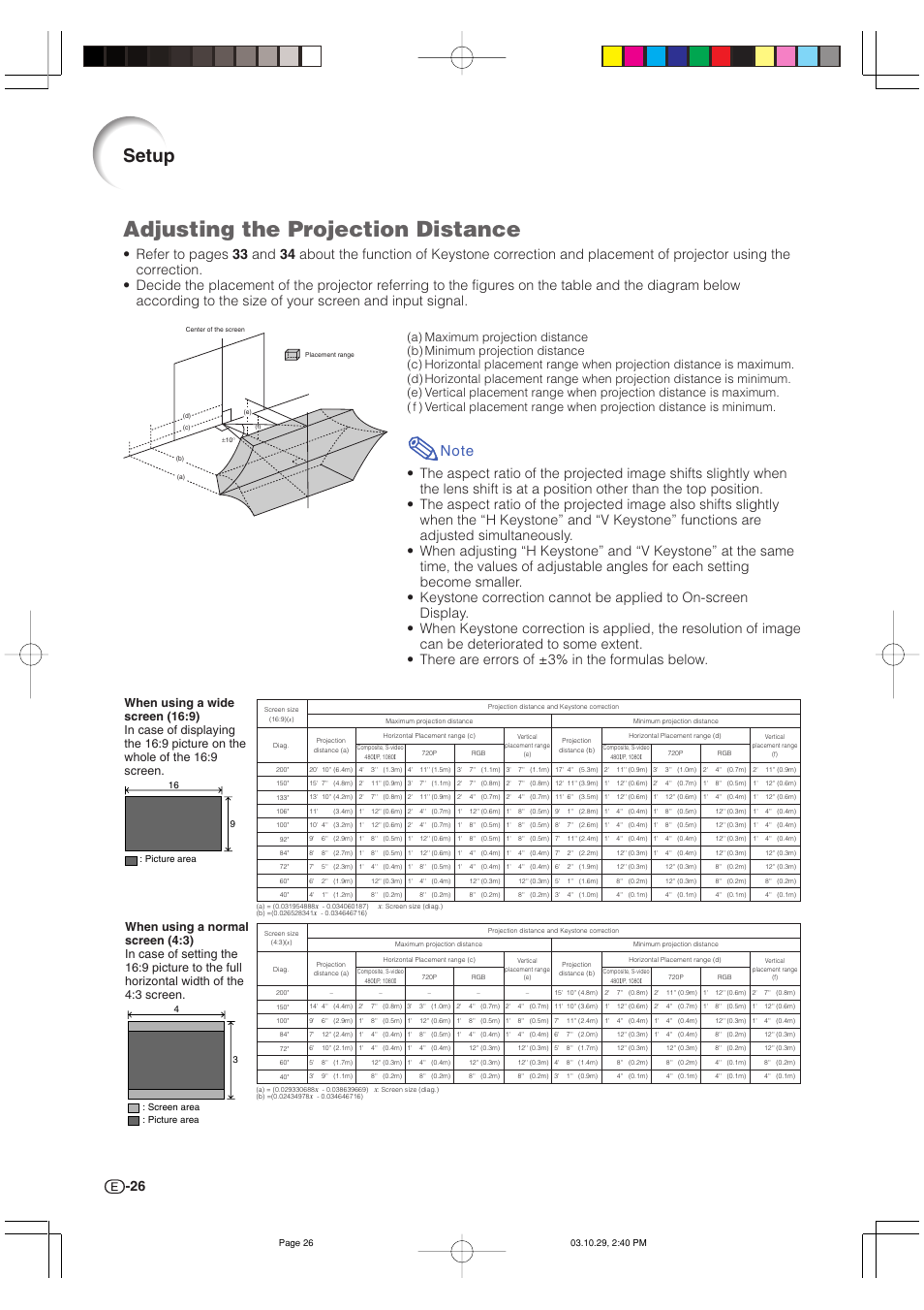 Adjusting the projection distance, Setup | Sharp DT-300 User Manual | Page 27 / 72
