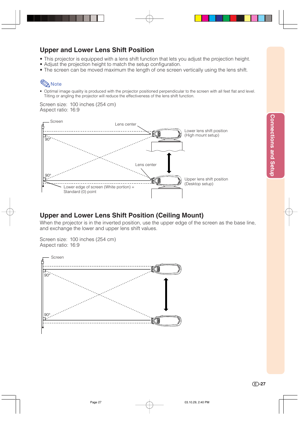 Upper and lower lens shift position, Connections and setup | Sharp DT-300 User Manual | Page 28 / 72