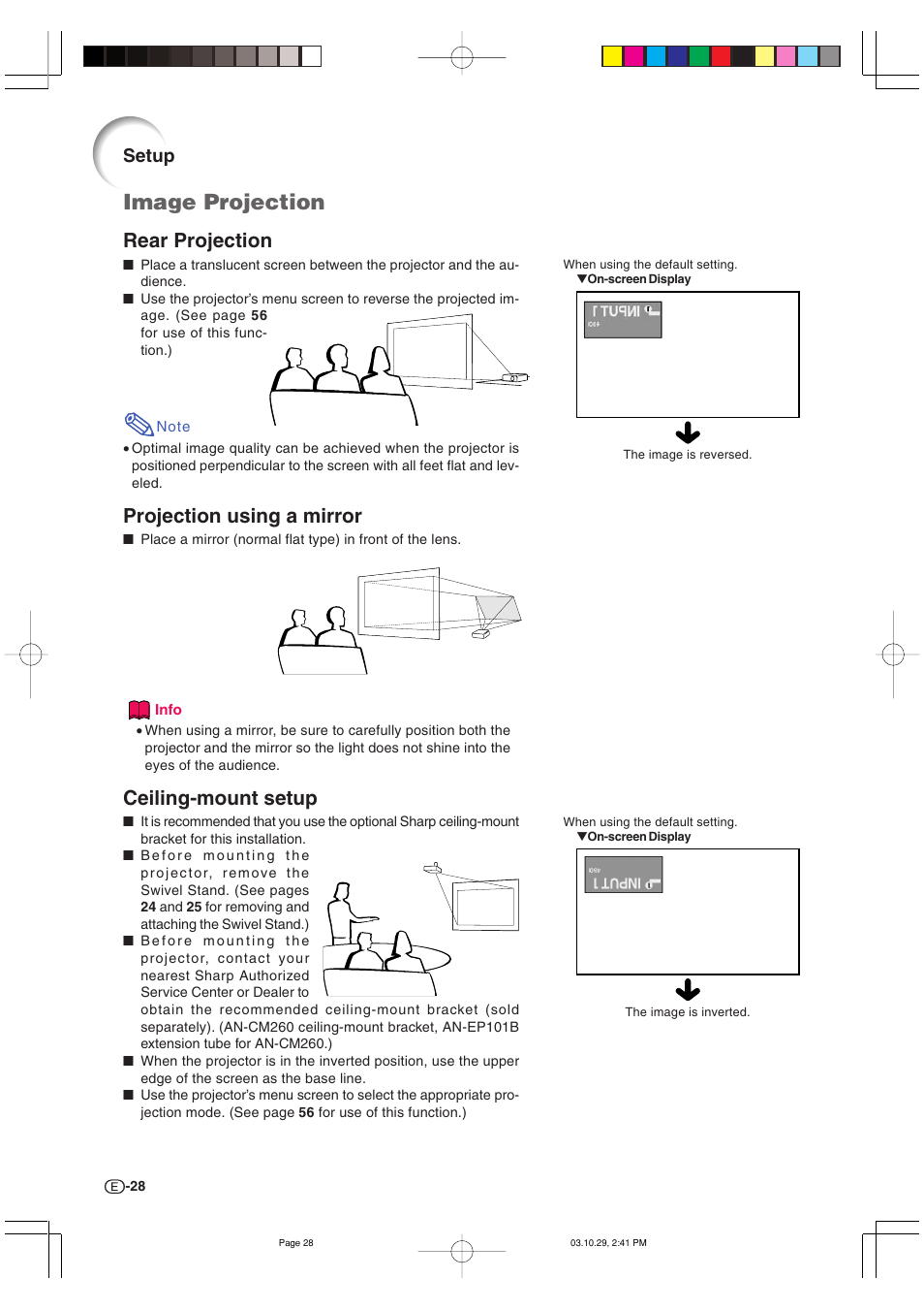 Image projection, Rear projection, Projection using a mirror | Ceiling-mount setup, Setup | Sharp DT-300 User Manual | Page 29 / 72