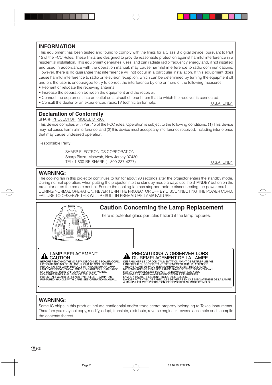 Caution concerning the lamp replacement, Warning, Information | Declaration of conformity | Sharp DT-300 User Manual | Page 3 / 72