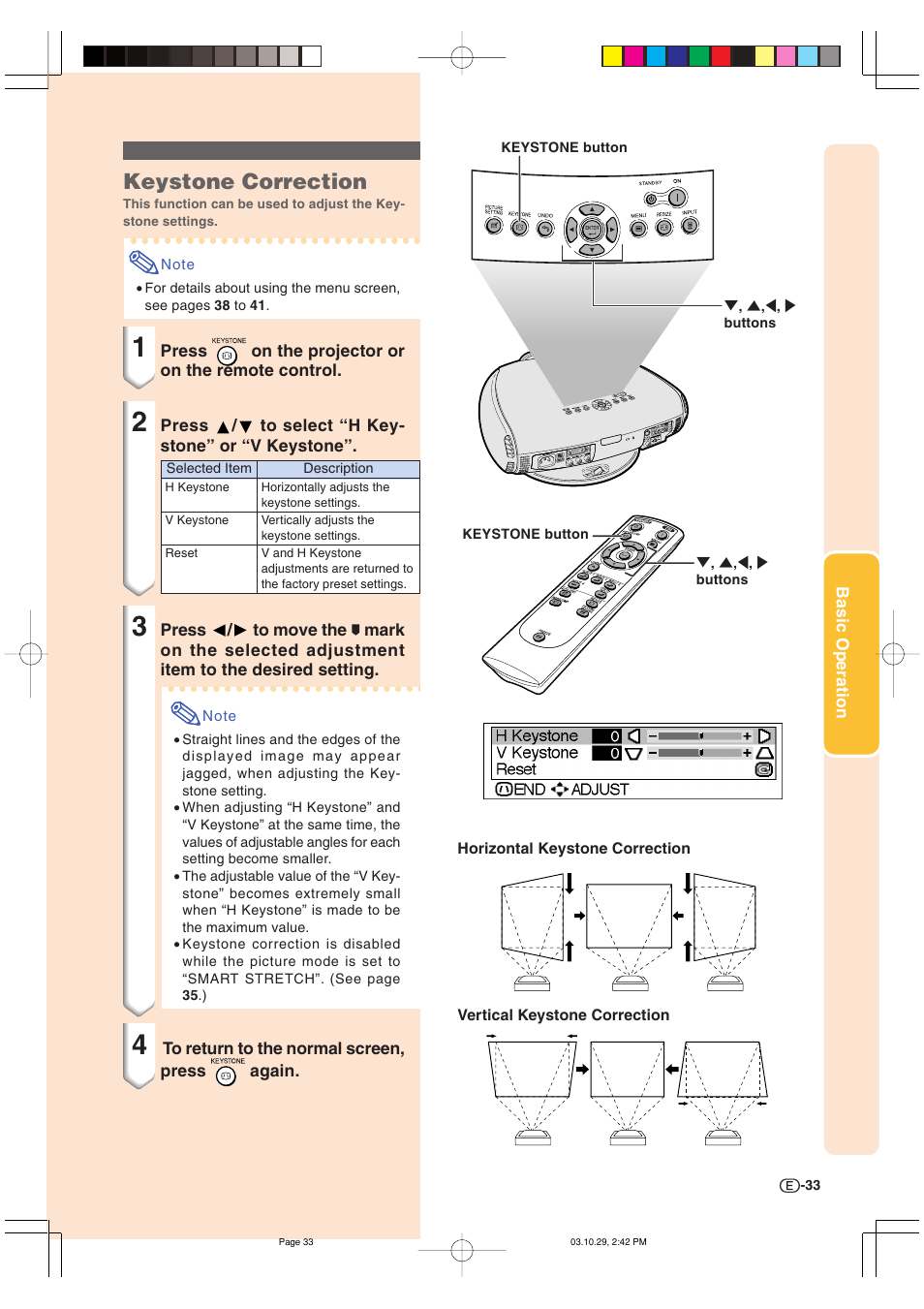 Keystone correction | Sharp DT-300 User Manual | Page 34 / 72
