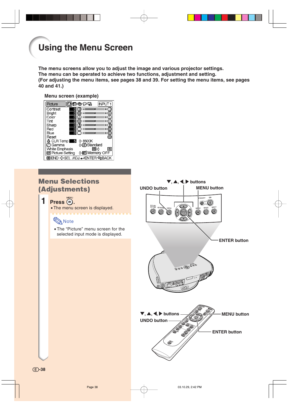 Using the menu screen, Menu selections (adjustments) | Sharp DT-300 User Manual | Page 39 / 72